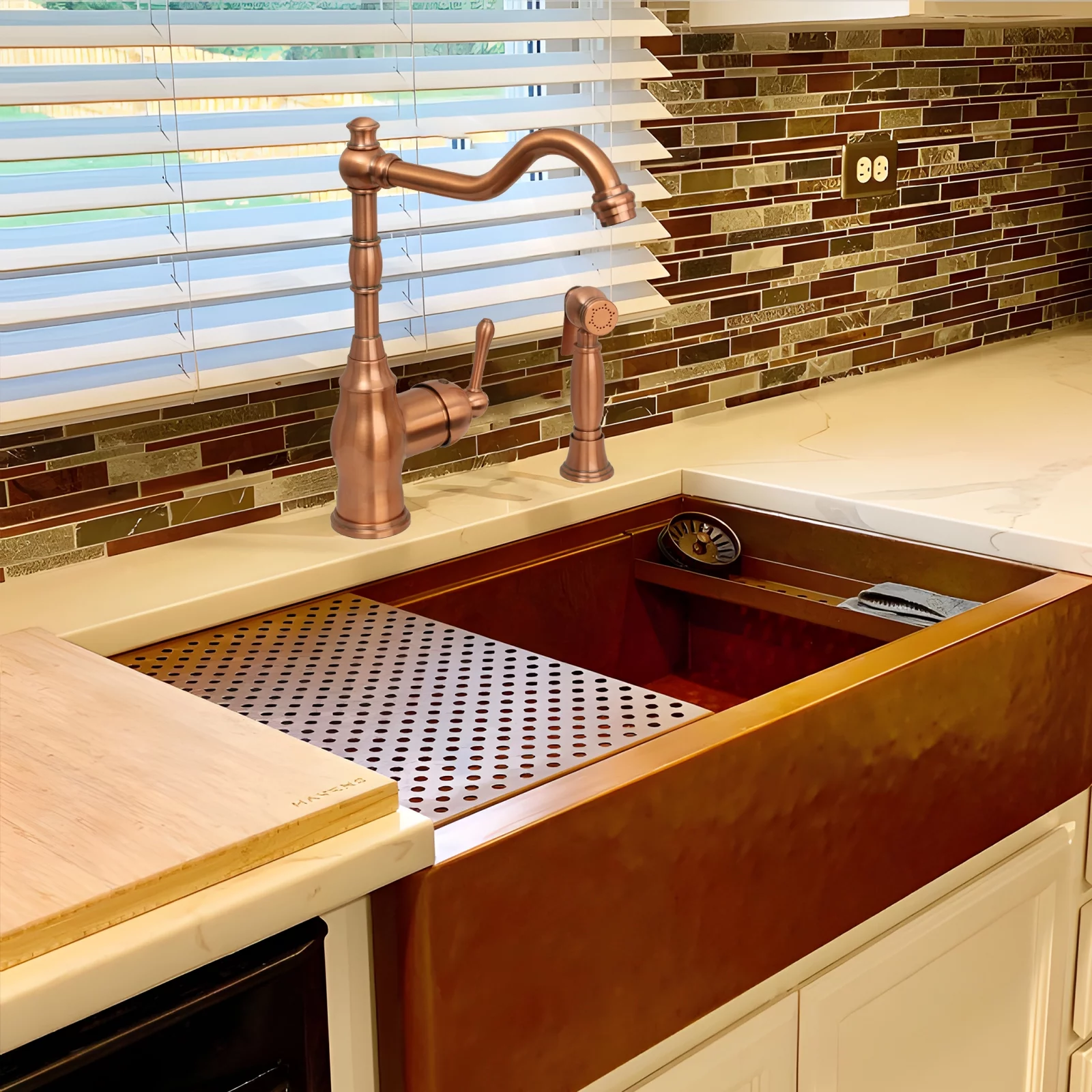 Akicon One-Handle Copper Widespread Kitchen Faucet with Side Sprayer Copper Copper Finish