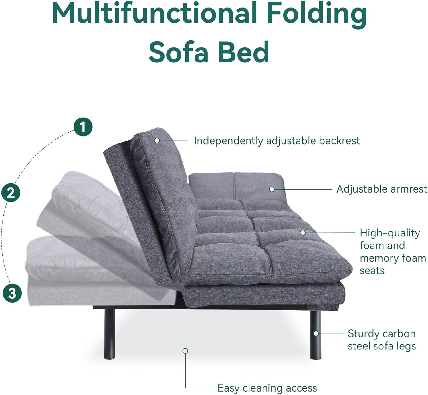 Convertible Futon Bed,Gray Memory Foam Sofa Loveseat Sofabed, Light Grey