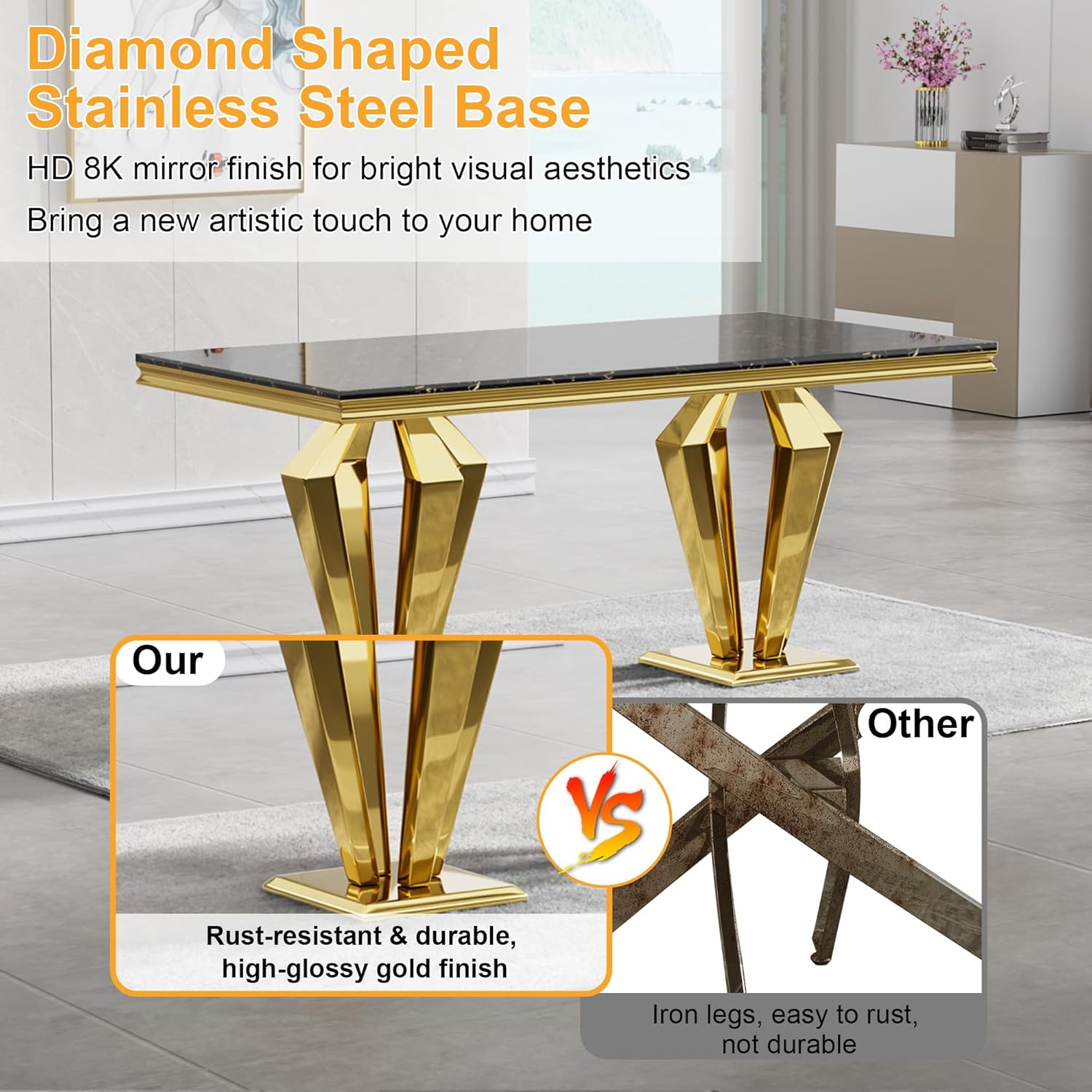 Modern Dining Room Table Set for 6, Marble Dining Table Set for 6, 70" Black Gold Marble Dining Table with 6 Upholstered PU Leather Chairs, 7 Piece Dining Table Set for Dining Room Kitchen