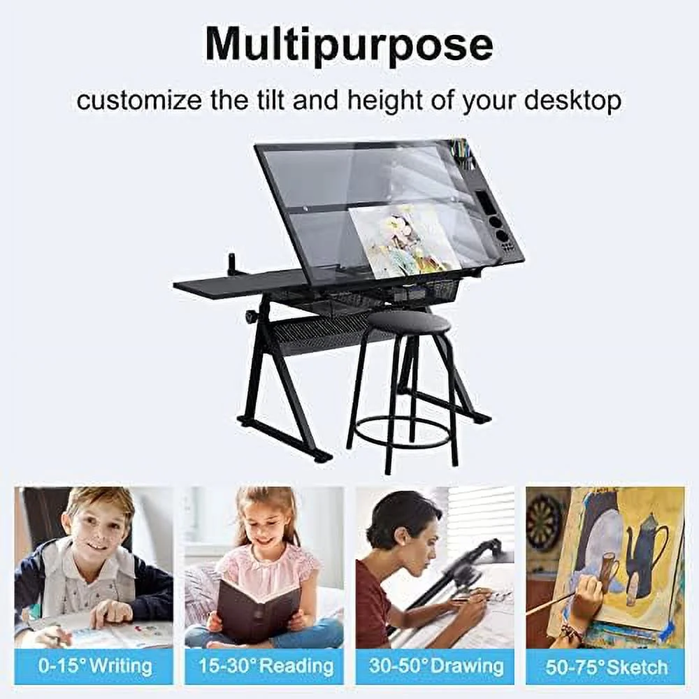 KBANZIBIU Height Adjustable Drafting Tables  Glass Drawing Art Table  Tilting Tabletop Paintings Work Station  Table Chair Chair-2  Drawer for Reading Writing Art Craft Work Station (Blac