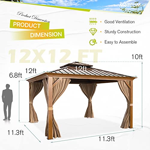 MELLCOM 12'x16' Hardtop Gazebo, Galvanized Steel Metal Double Roof Canopy with Curtains and Netting, Brown Permanent Pavilion Gazebos with Aluminum Frame for Garden, Patio, Lawns, Deck