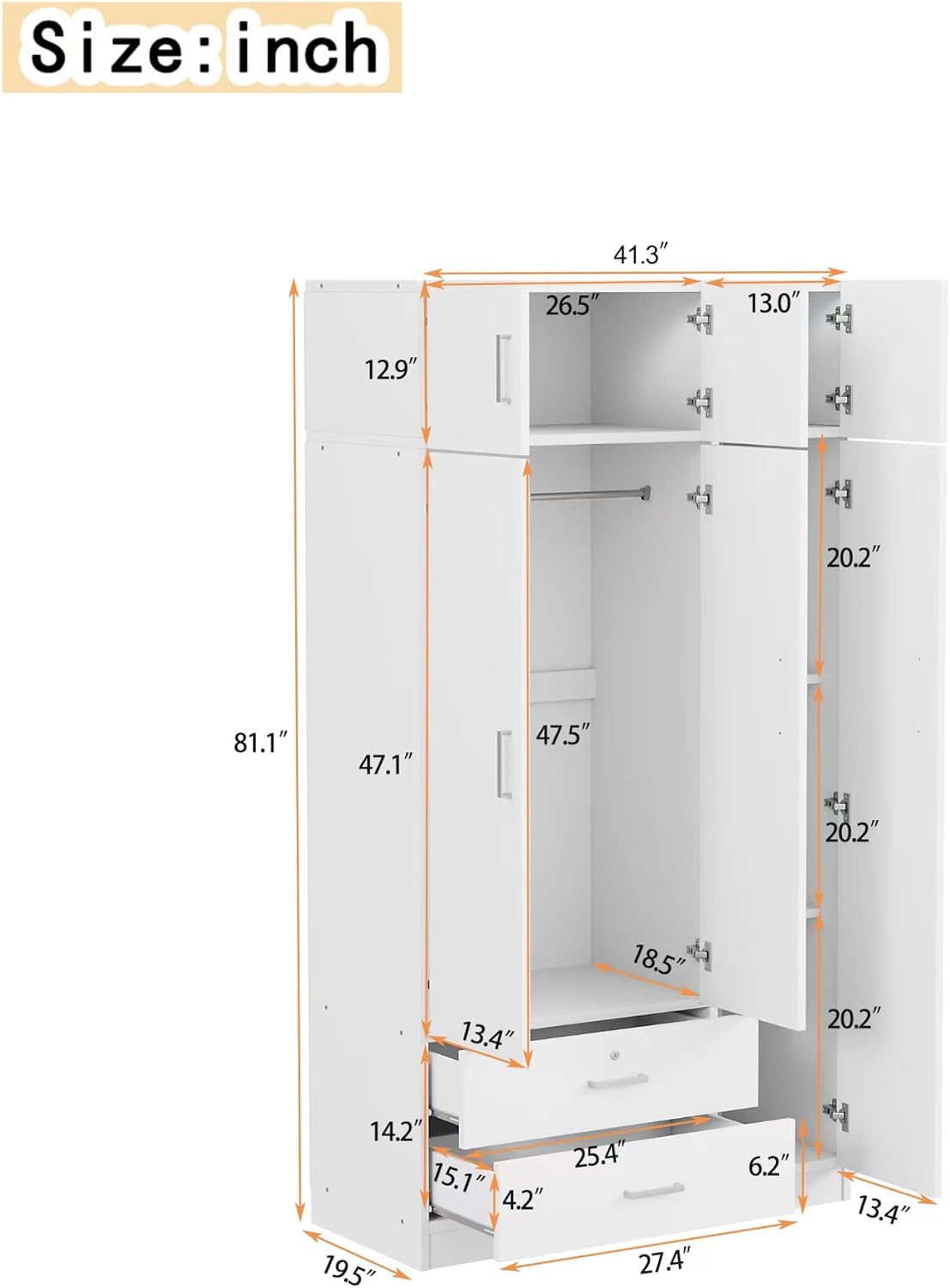3-Door Mirror Wardrobe Closet, Bedroom Freestanding Storage Armoire Organizer with 2 Drawers and Top Cabinet, 41.30" L x 19.50" W x 81.10" H, White
