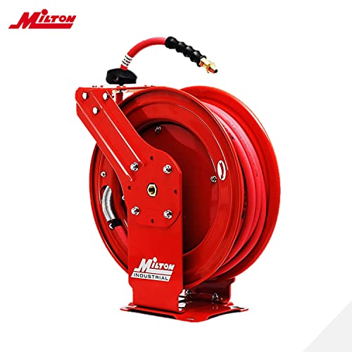 MILTON Strength Air Hose Reel w/Auto- Retractable Steel Dual Arm, 3/8" MNPT x 50 ft. Hybrid Rubber Hose - 300 Max PSI, Red - 2770-50D