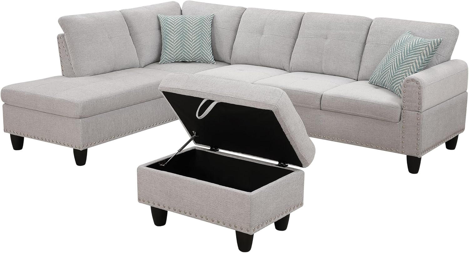 98" Left Hand Facing Sofa & Chaise with Storage Ottoman and Rounded Arms, L-Shaped Upholstered Corner Couch w/Cup Holders & 2 Toss Pillows for Living Room, Office, Apartment, Light Gray
