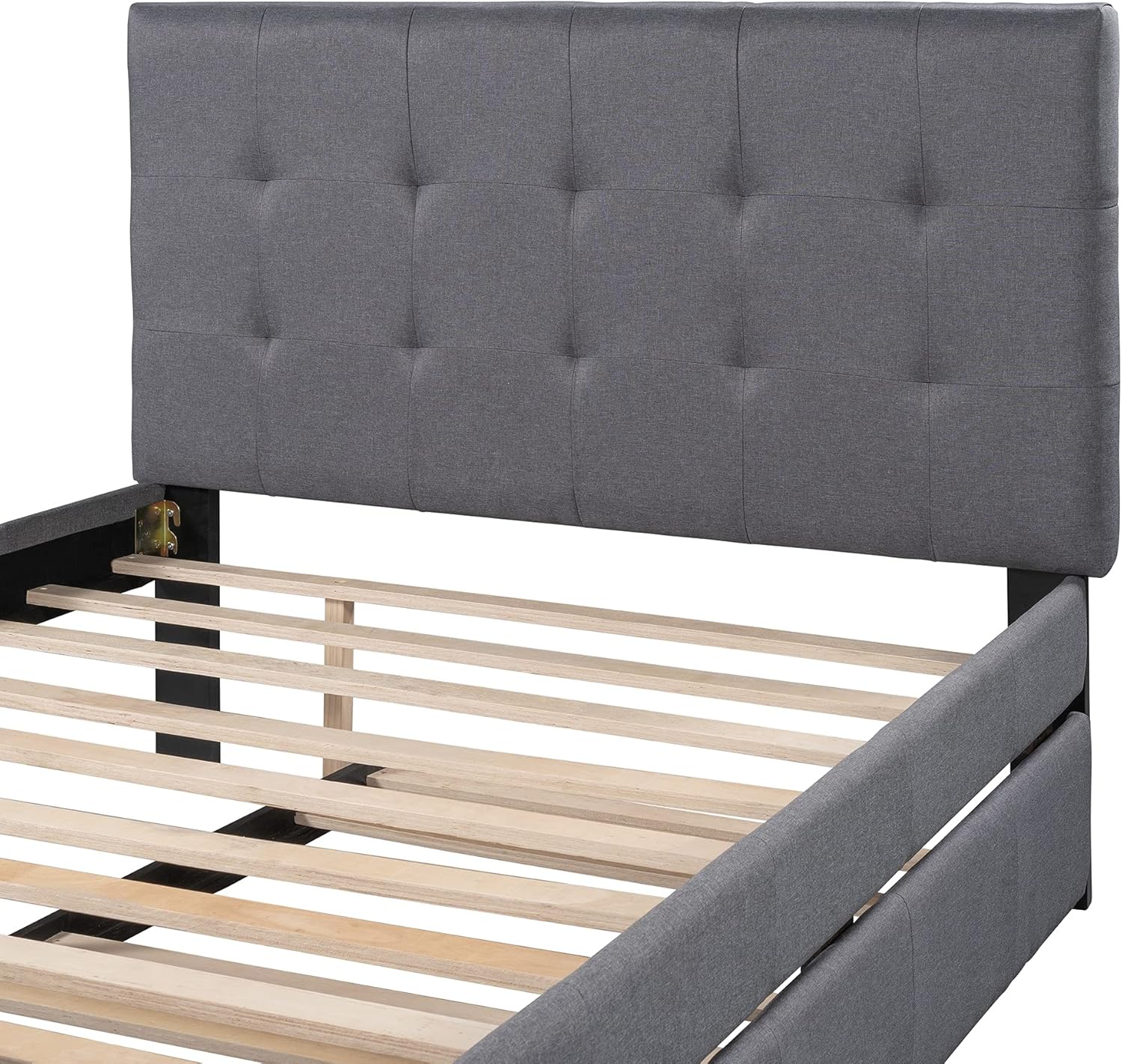 Bellemave Upholstered Full Size Platform Bed Frame with Trundle and Headboard, Linen Fabric Simple Style, Solid Wooden Slats Support, No Box Spring Needed, Grey