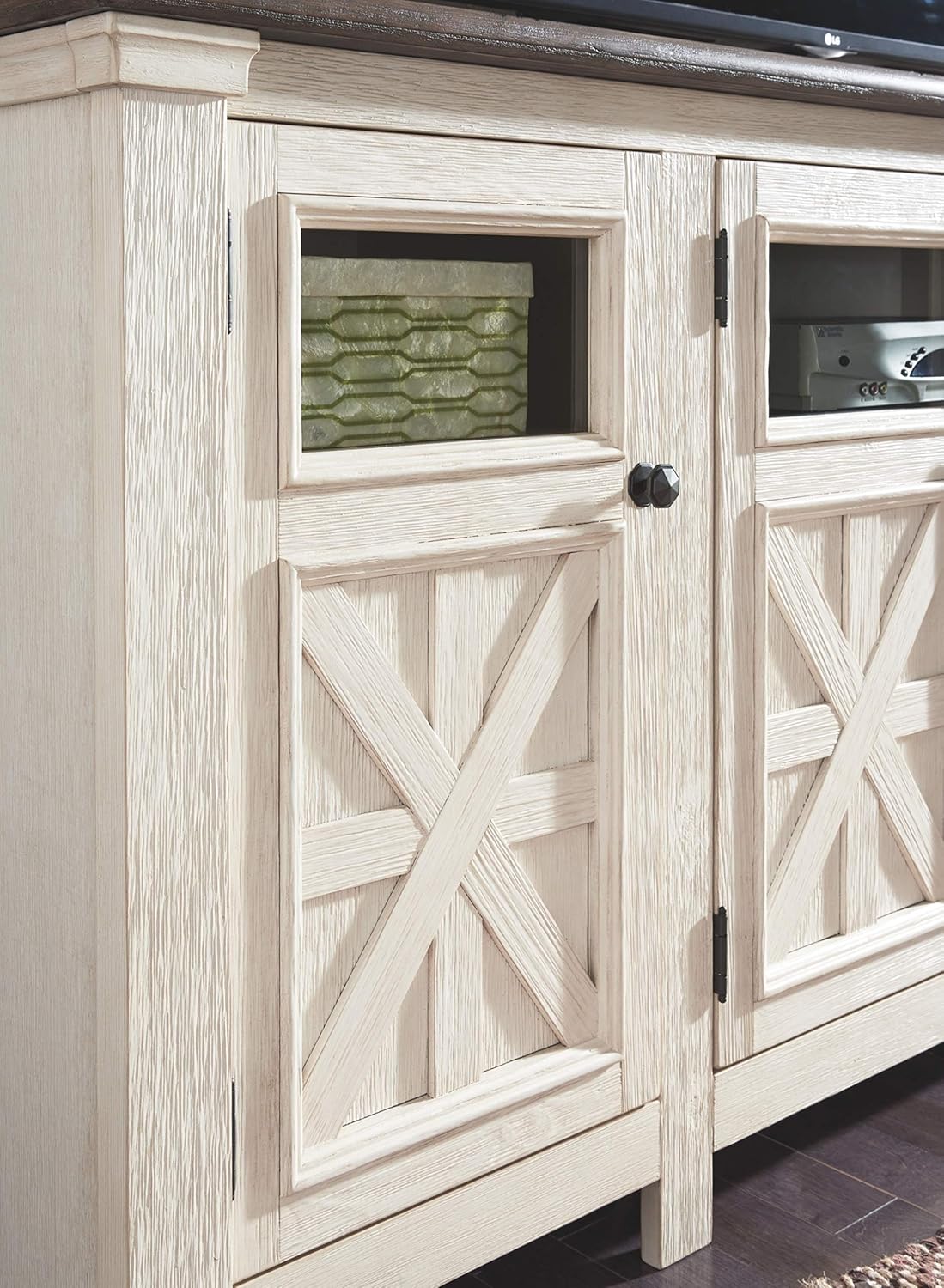 Signature Design by Ashley Bolanburg Two Tone Farmhouse TV Stand, Fits TVs up to 72, 3 Cabinets and Adjustable Storage Shelves, Whitewash