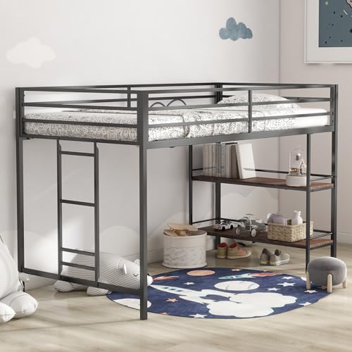 Twin Size Loft Bed with Desk and Storage Stairs, Heavy Duty Metal Loftbed Frame w/Safety Guardrail for Kids, Teens, Adults, No Box Spring Needed, Space-Saving Design, Black