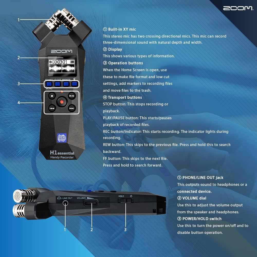 Zoom H1essential Stereo Handy Recorder – H1 Essential (H1E) Portable Audio Recorder 32 Bit Float, USB & X/Y Microphone - 64GB SD, Tripod, Headphone w/Mic & More for Musicians Vloggers Filmmakers