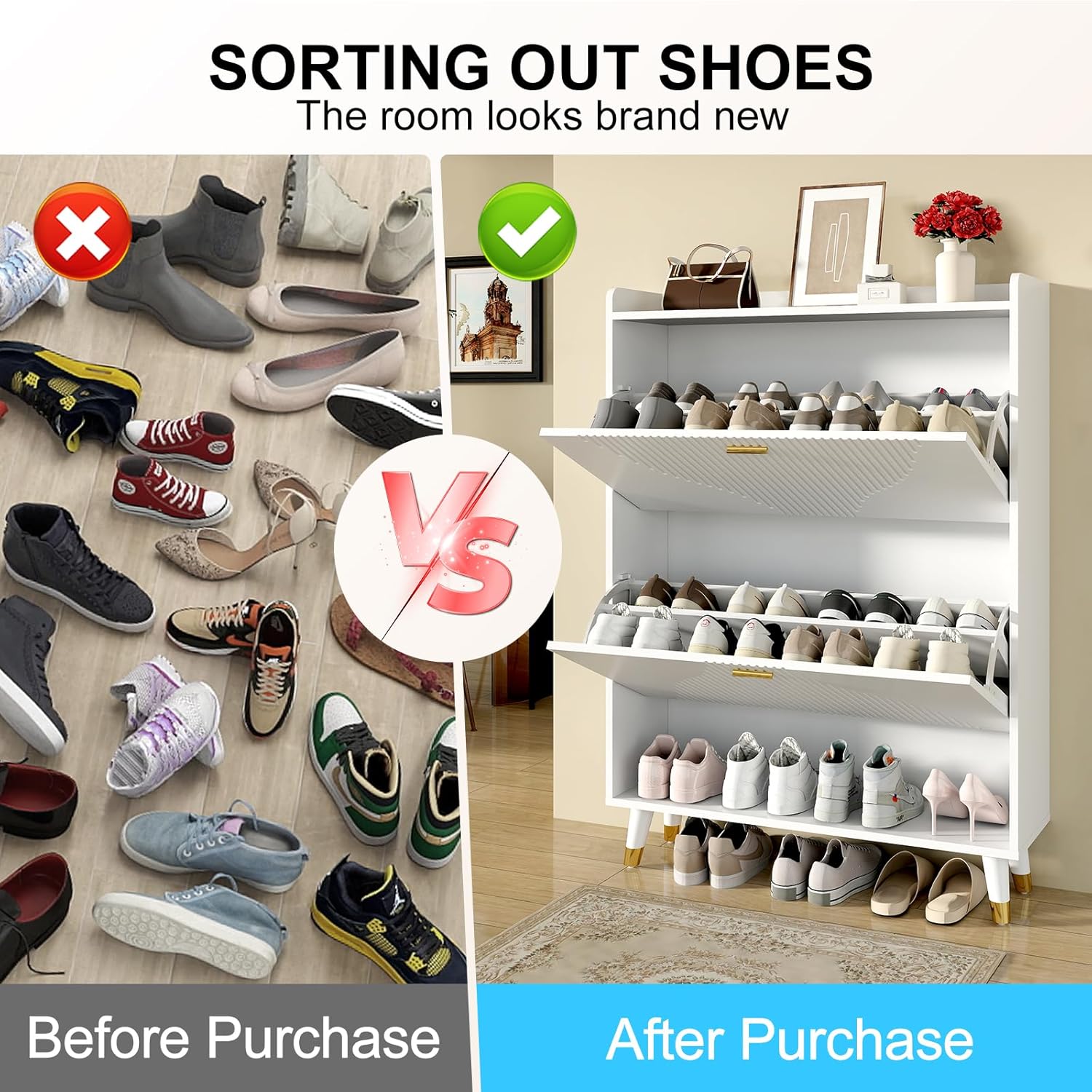 White Shoe Storage Cabinet for Entryway Slim, Hidden Wooden Shoe Organizer Cabinet with Drawer, Narrow Shoe Rack Cabinet for Front Door Entrance