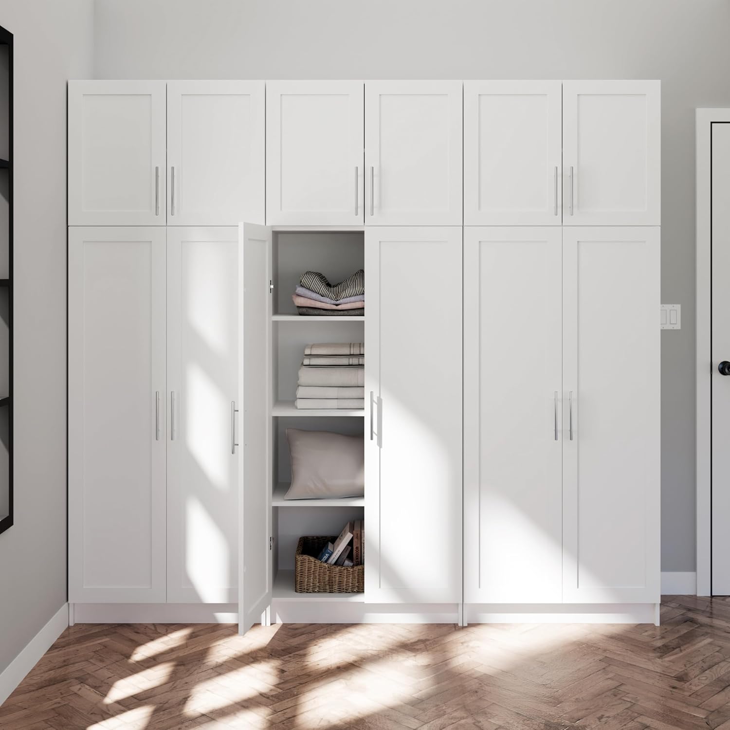 Prepac Elite 6 Piece Panel Doors Closet Organizer System, White Set, Bathroom, Pantry Wall and 3 Storage Cabinets, 16.75" D x 96" W x 89" H