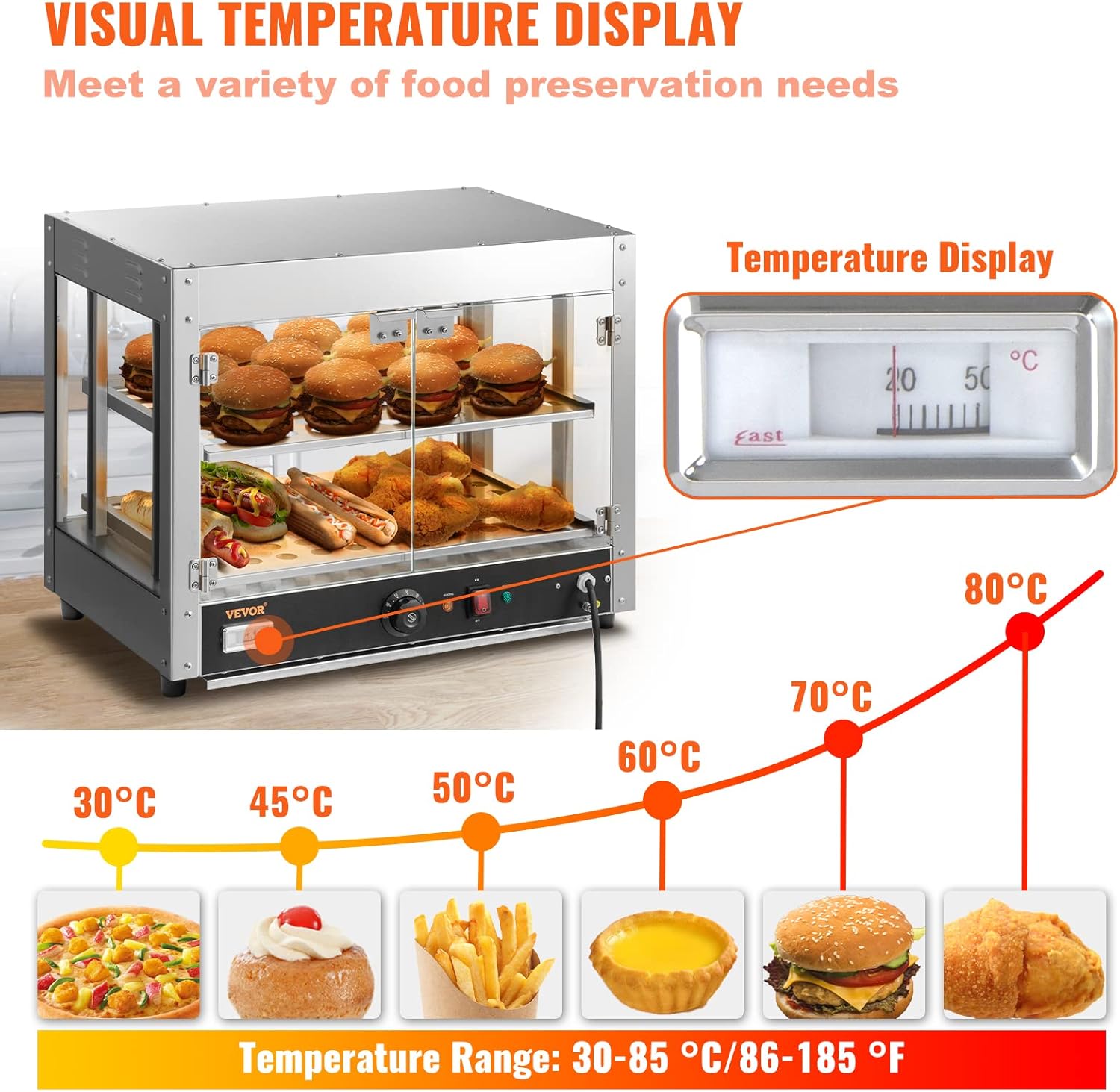VEVOR 110V 24-Inch Commercial Food Warmer Display, 2-Tier 800W Electric Pizza Warmer Display 86-185℉, Tempered-Glass Door Pastry Display Case, Restaurant Heated Cabinet…