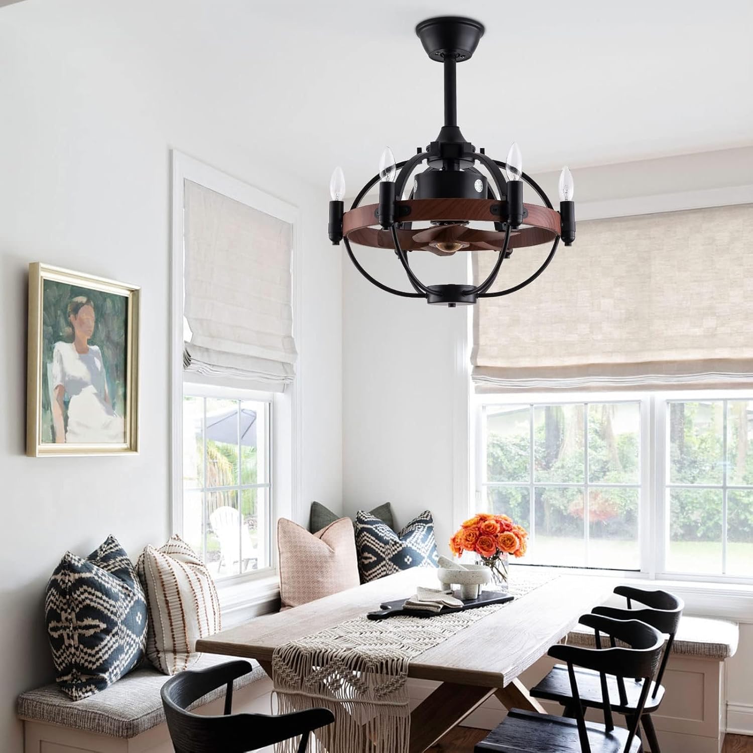 OUKANING Farmhouse Enclosed Ceiling Fan with Light Remote Control, Rustic Chandelier Fandelier with Lights, Reversible Modern Industrial Black Cage Ceiling Light Fixture（22 inches）
