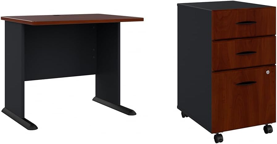 Bush Business Furniture Series A 36W Small Computer Desk and 3 Drawer Mobile File Cabinet in Hansen Cherry and Galaxy