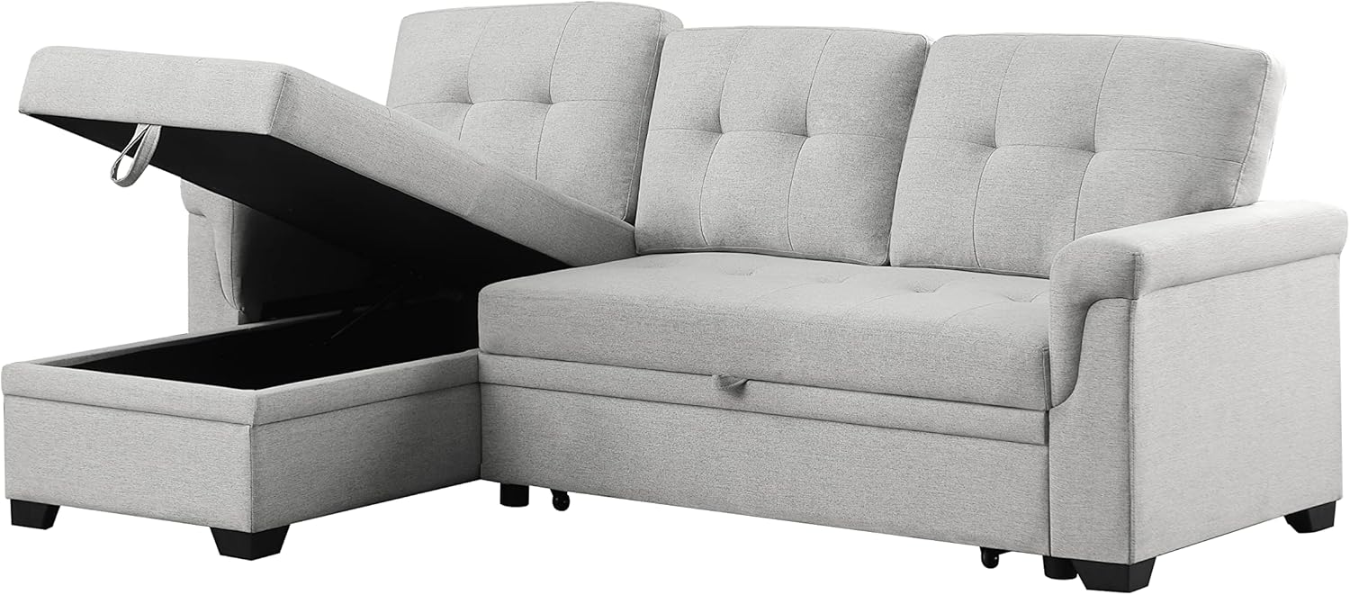 FANYE L-Shaped Linen Tufted Upholstered Reversible Sleeper Sectional Sofabed Modern Corner Convertible Sofa with Pull Out Sleep Couch Bed,Storage Chaise Daybed and Padded Armrest, 84.0", Light Gray