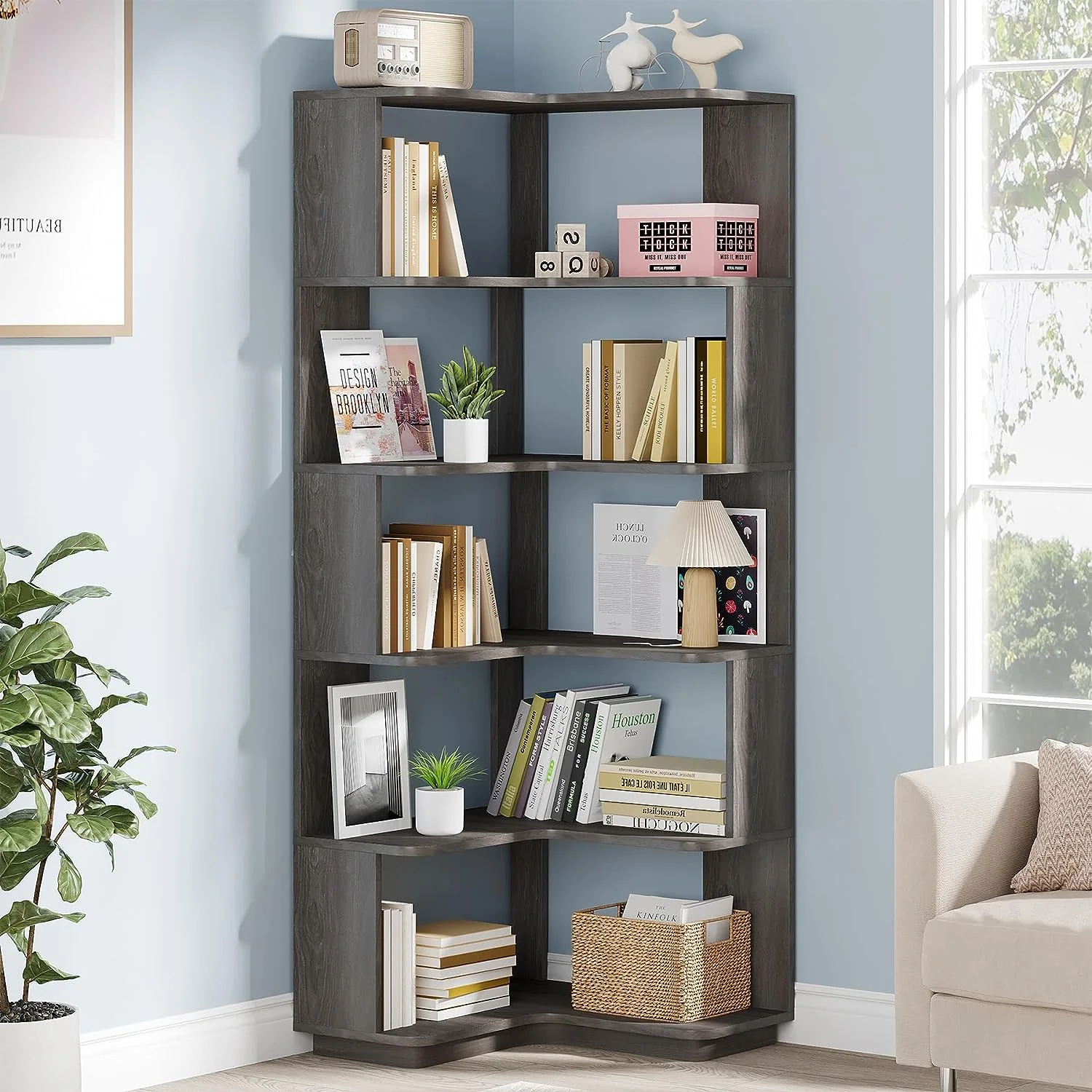 Tribesigns 6 Tier Corner Bookshelf, 64.9" Tall Industrial Bookcase with Anti drop Panel, Grey Corner Shelf for Home Office