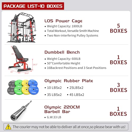 L05/07 Smith Machine，Multi-Function Squat Rack Power Cage with Cable Crossover System,with Weight Bench, Olympic Barbell Weight Set, for Home Gym