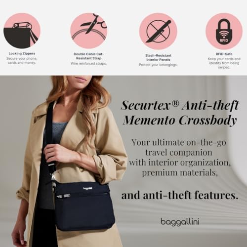 Baggallini Securtex Anti-theft Memento Crossbody Bag - Travel Purse Wallet with Locking Zipper - Lightweight Water-Resistant