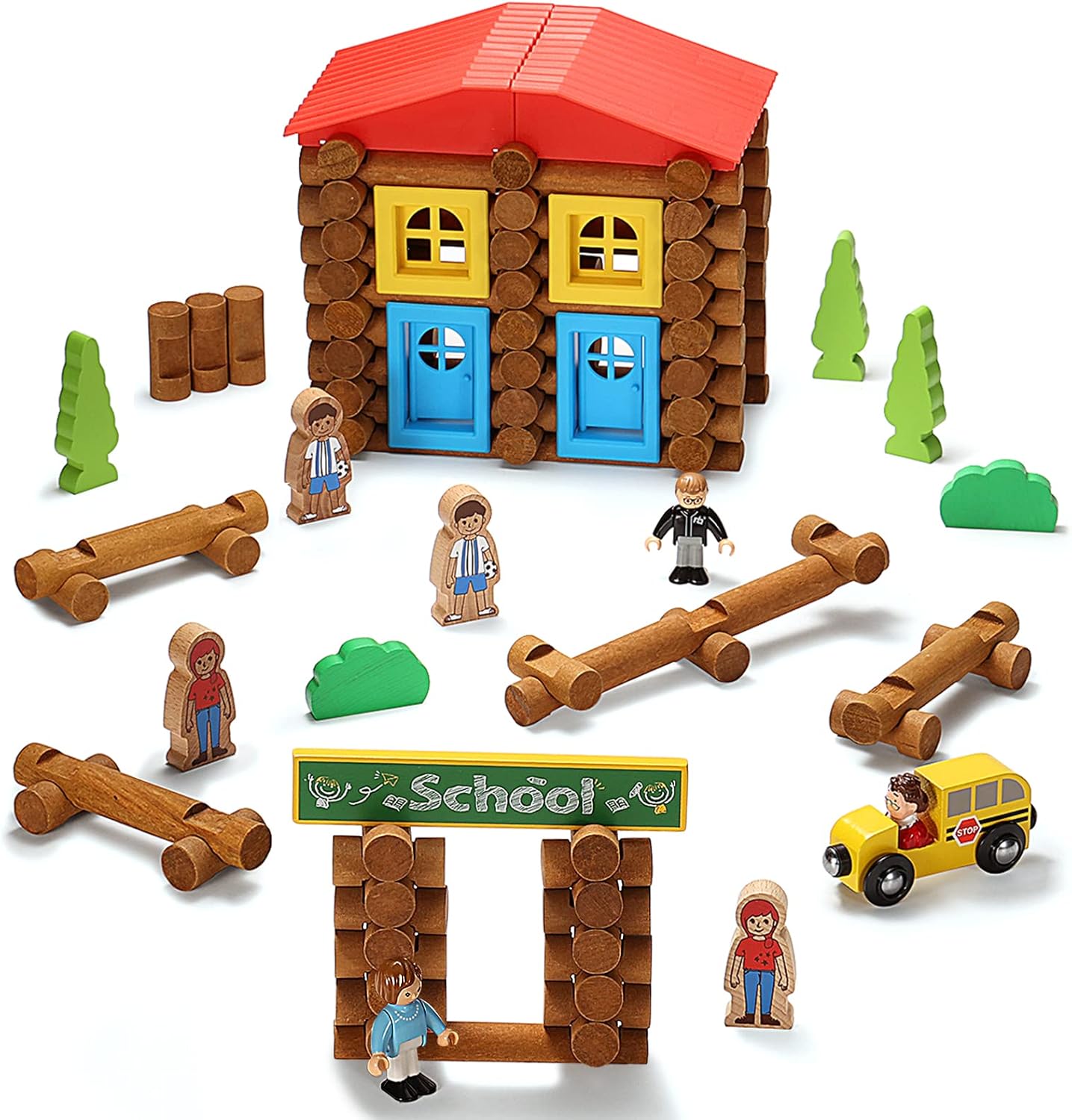 SainSmart Jr. Wooden Log Cabin Set Farm Building House Toy for Toddlers, 122 PCS Classic STEM Construction Kit with Colorful Wood Logs Blocks for 3+ Years Old Pack of 2