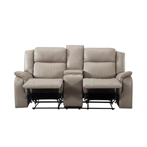 Sofa Chair, Reclining Sofa Couch with Pillow Top Armrest, 2 Built-in Aluminum Cup, Storage, Double Recliner RV Sofa & Console for Home Theater Living Room