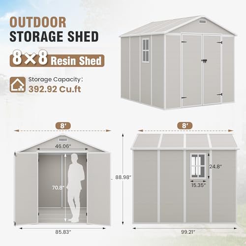 Outdoor Storage Shed, 6x6 FT Resin Shed with Floor and Lockable Door, Window, Vents, Tool Sheds and Outdoor Storage for Bike, Garden Accessories, Tools, Waterproof (Grey & White)