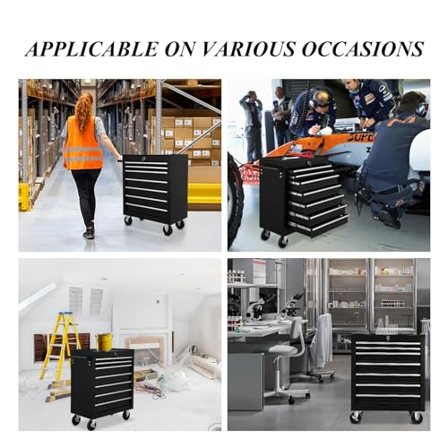 Heavy-Duty 7-Drawer Rolling Tool Chest with Wheels, Steel Tool Storage Cabinet with Lock & Liner for Workshop for Workshop/Garage - Includes 7 Organizer Boxes, Black