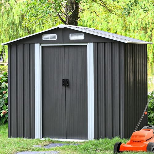 4ever2buy 8 x 8 FT Metal Outdoor Storage Shed, Large Shed Garden Storage Sheds, Galvanized Steel Shed with Air Vent for Backyard, Sheds & Outdoor Storage 2 Slide Door, Patio, Lawn