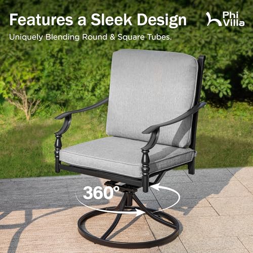 PHI VILLA 7 Pieces Outdoor Dining Set for 6, Rectangular Black Steel Dining Table with Fixed and Swivel Iron Chairs, Large Dining Furniture Set with Cushions for Patio, Deck, Porch, Backyard