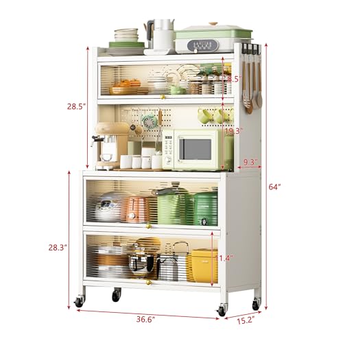 Kitchen Bakers Rack, Microwave Cabinet Metal Shelving Unit with Wheels, Microwave Cart with Storage and Doors, for Kitchen Garage Coffee Bar, White