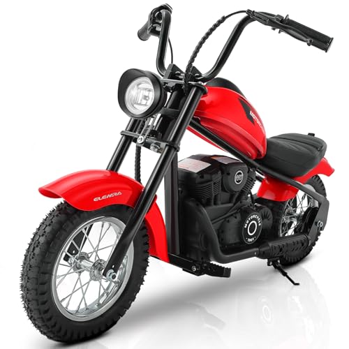 ELEMARA Electric Dirt Bike, 15 mph & 150lb Max, 24V Ride on Toy for Big Kids w/LED Lights & Power Display, Chain-Driven Motor, Twist-Grip Throttle, Shock Springs, Handbrake, 12" Air-Filled Tires-Black