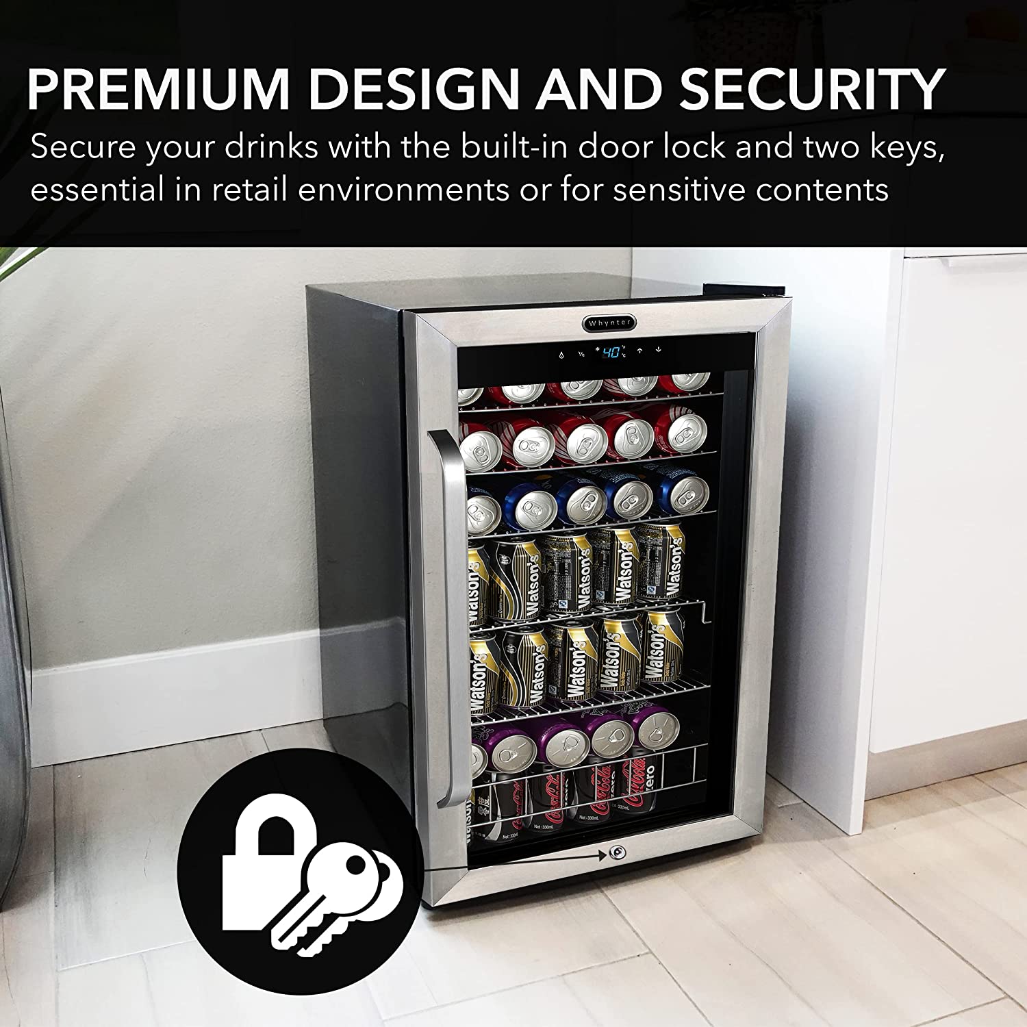 YONG BR-1211DS Beverage Refrigerator and Cooler, Mini Fridge with Glass Door, Lock, Digital Control and Internal Fan, 3.4 cu. ft, Stainless Steel