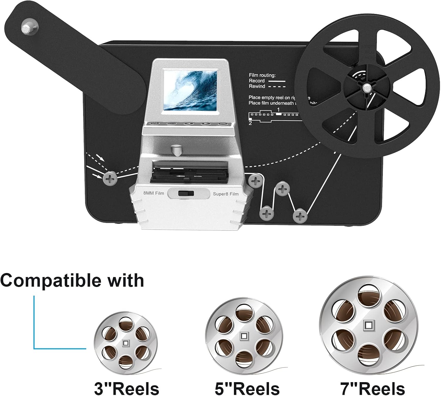 8mm & Super 8 Reels to Digital MovieMaker Film Scanner Converter, Pro Film Digitizer Machine with 2.4 LCD, Convert 5 inch and 8 inch 8mm Super 8 Film reels into 1080P Digital Videos