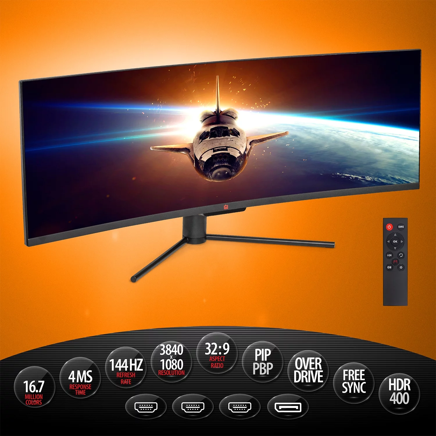 Deco Gear 49" Curved Ultrawide E-LED Gaming Monitor, 32:9 Aspect Ratio, Immersive 3840x1080 Resolution, 144Hz Refresh Rate, 3000:1 Contrast Ratio (DGVIEW490)