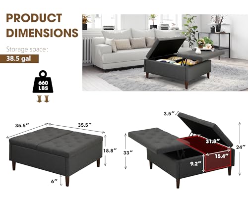 Grepatio Square Tufted Ottoman with Storage - 35.5" Large Lift-Top Storage Ottomans Upholstered Coffee Table for Living Room Bedroom (Grey)