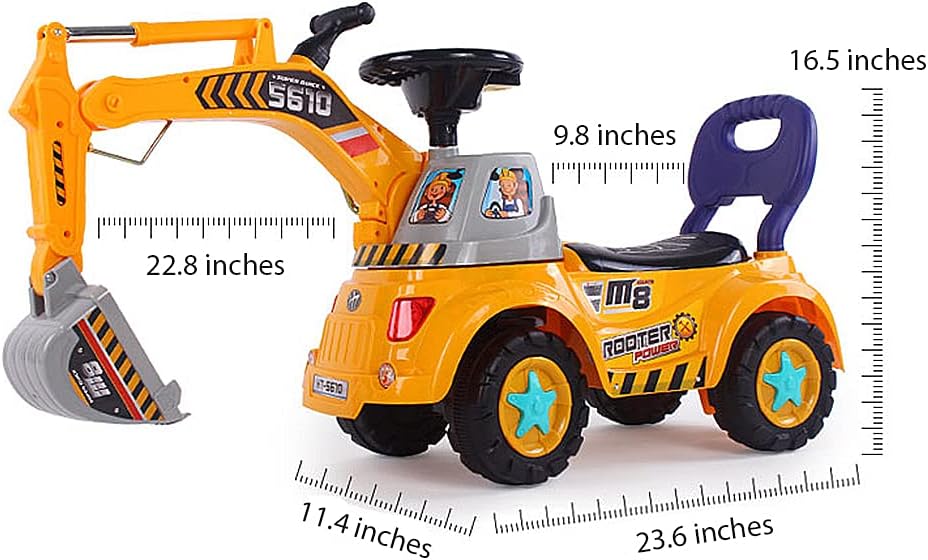 Hitish Ride-on Excavator Car, Full Functional Ride On Excavator Walker Sliding Digger Construction Vehicles Tractor Toy, Pretend Play Riding Digger Scooter with Sounds & Lights
