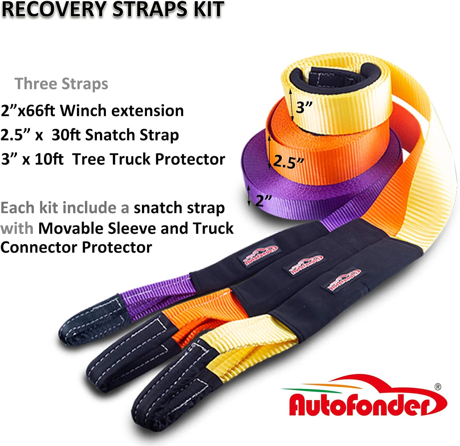 Autofonder Heavy Duty Tow Strap 12T Recovery Kit: 4WD Tow Strap + 3/4 Bow Shackle (2pcs) + Storage Bag (20ft)