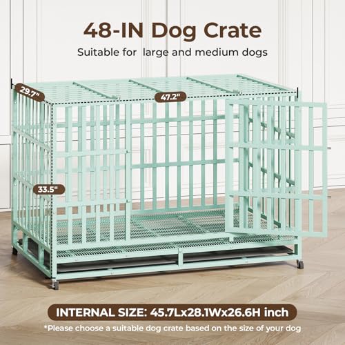 48 Inch Heavy Duty Indestructible Dog Crate Steel Escape Proof, Indoor Double Door High Anxiety Cage, Kennel with Wheels, Removable Tray, Extra Large XL XXL