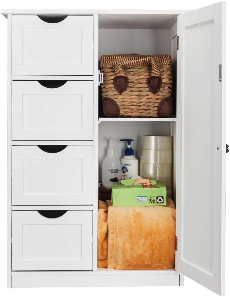 Bathroom Floor Cabinet storage unit with 4 Dawers and Single Door Cabinet, Entryway Storage Cabinet, Freestanding Storage Cabinet for Living Room Kitchen Hallway, White 21.7"L x 11.8"W x 31.9"H