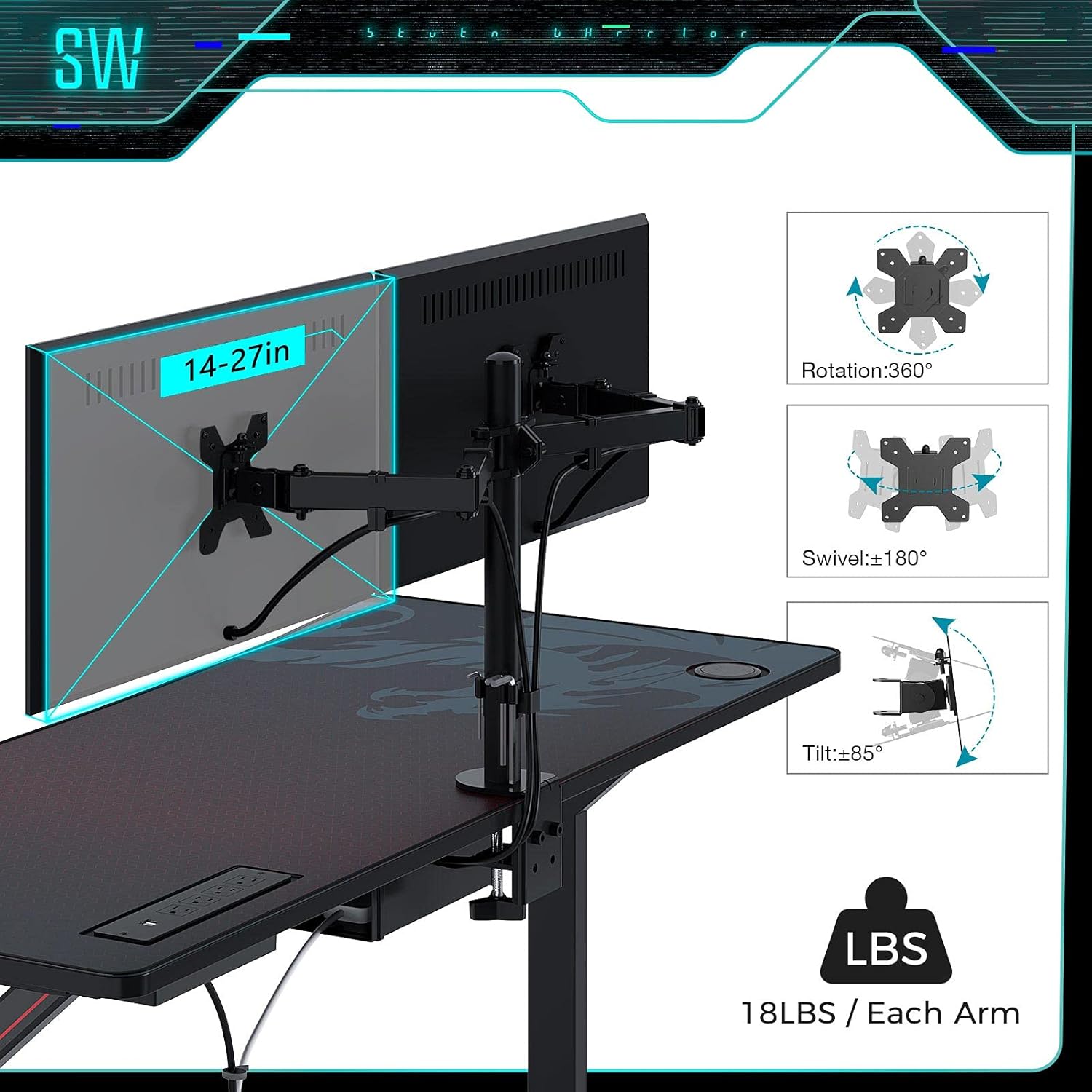 Seven Warrior Gaming Desk 55INCH with Power Outlet & Dual Monitor Mount, Carbon Fiber Surface Computer Gamer Desk with Full Desk Mouse Pad, Ergonomic Y Shaped Gamer Table with Outlet Organizer
