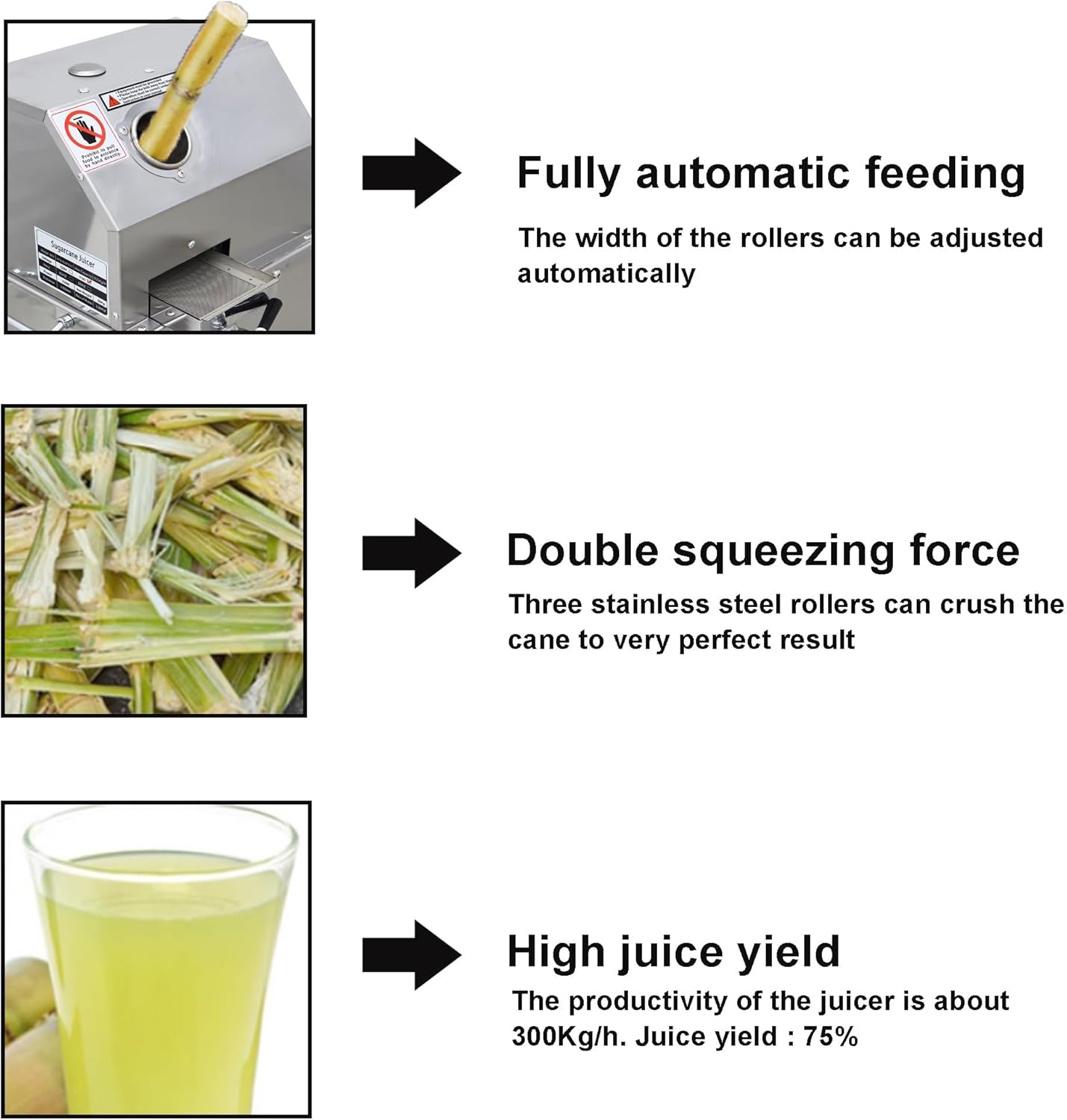Sugar Cane Juicer Electric Sugarcane Press Vertical Sugar Cane Ginger Press Juicer Sugarcane Juice Extractor 3 Stainless Steel Rollers Juice Press Machine 300Kg/H with 2 Knives 110V