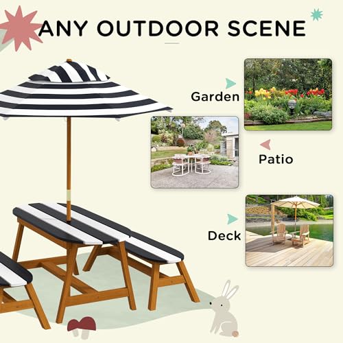 Outsunny Kids Picnic Table Set, Wooden Kids Table and Benches Set with Removable Umbrella, Kids Garden Furniture Set for 2-4 Kids Ages 3-8 Years Old, for Patio, Backyard, Outdoor Indoor Use