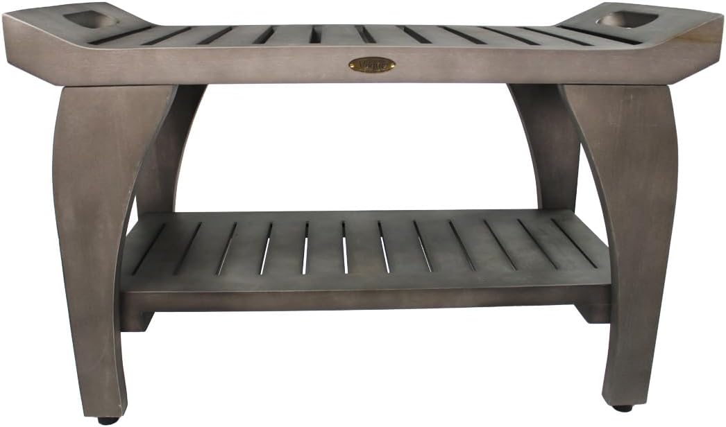Coastal Vogue Tranquility 30" Teak Wood Shower Bench with Shelf and LiftAide Arms in Gray Finish