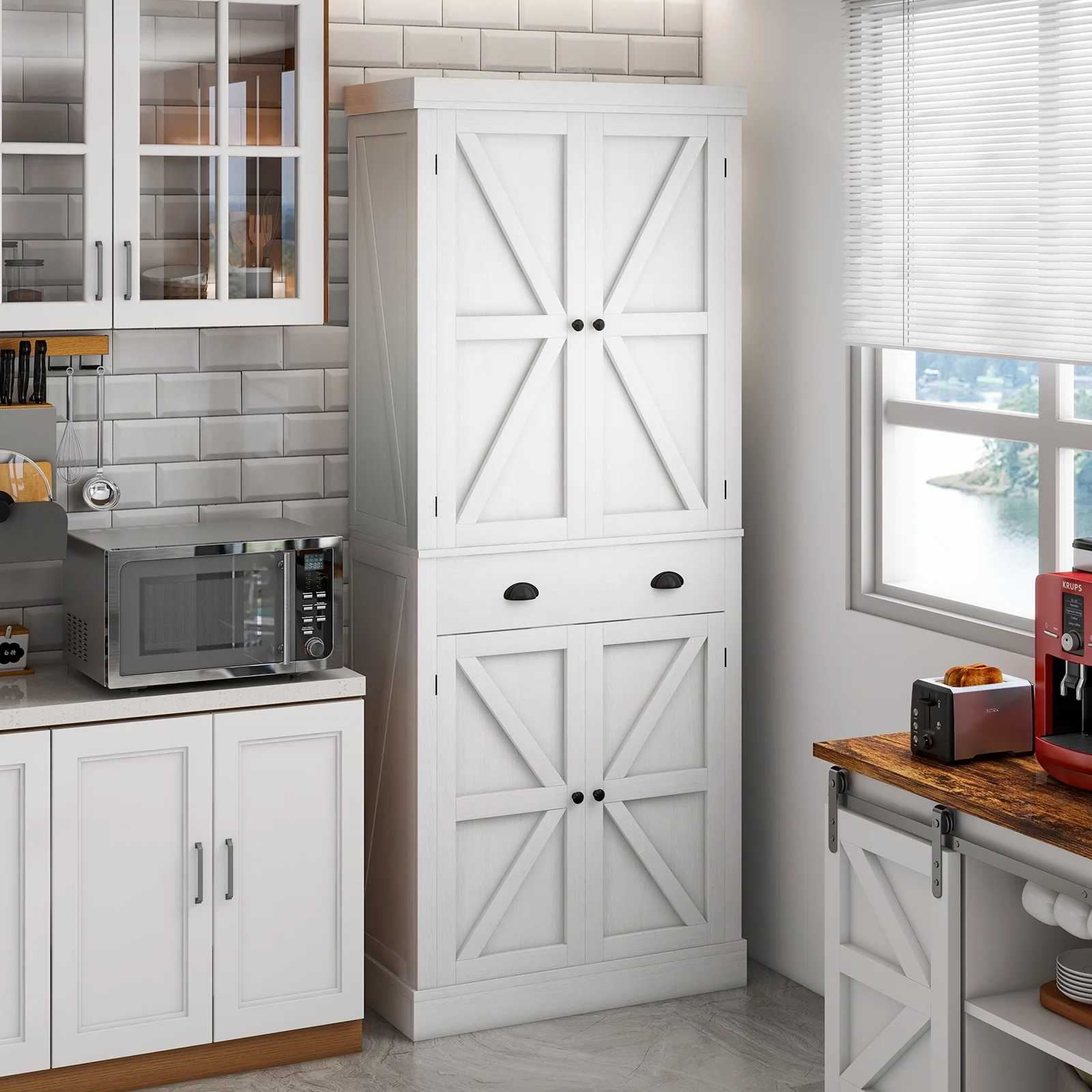 Oneinmil 72" Pantry Storage Cabinet, Tall Kitchen Pantry with Farmhouse Barn Doors for Kitchen, Rustic White