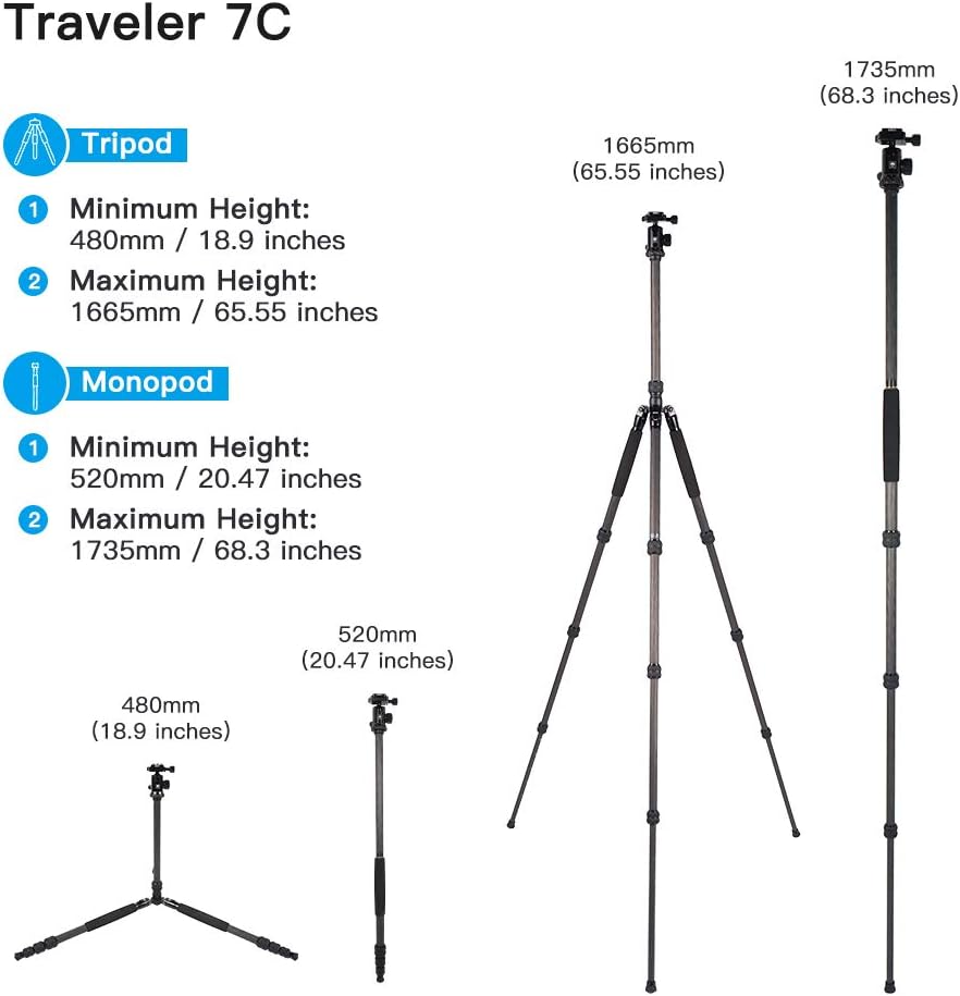 SIRUI Traveler 7C Camera Tripod 65.55 inches Carbon Fiber Arca Tripod with E-10 360° Panorama Ball Head and Arca Swiss Quick Release Plate Load Capacity Up to 17.6lbs, Convertible to Monopod