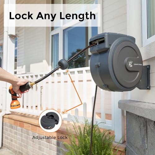 Giraffe Tools Hose Reel 1/2‘’ 78ft, Heavy Duty Retractable Garden Hose Reel with Any Length Lock, Slow Return System, Wall Mounted and 180 Deg Swivel Bracket