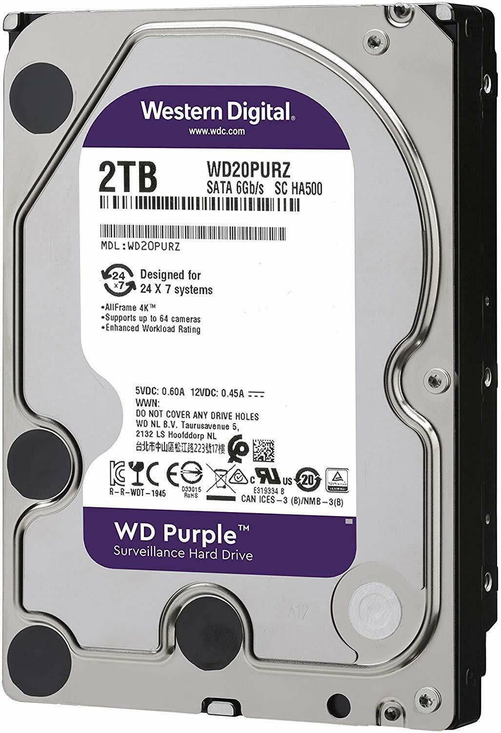 WD Purple 2TB Surveillance Hard Drive - 5400 RPM Class, SATA 6 Gb/s, 64 MB Cache, 3.5 inch - WD20PURZ