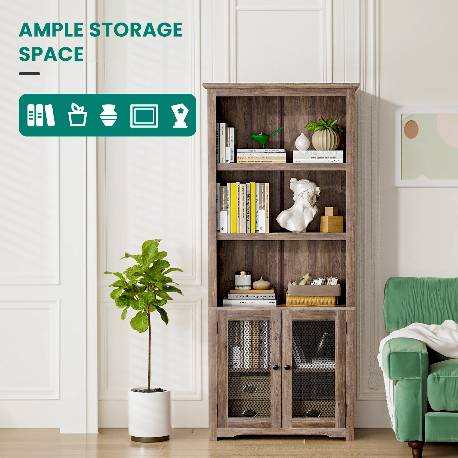 LGHM Farmhouse Bookshelf with Adjustable Shelves , 70" Tall Sturdy 5-Shelf Bookcase with Doors for Home Office, Living Room
