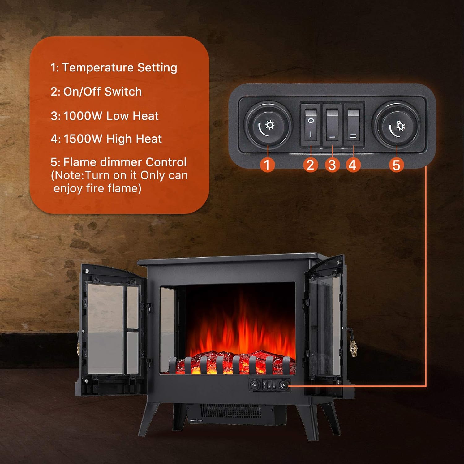 Antarctic Star 3D Infrared Electric Fireplace Stove, Freestanding Fireplace Heater Adjustable Brightness,Portable,Thermostat,Overheating Protection,ETL Certified,1000W/1500W(23) Inch