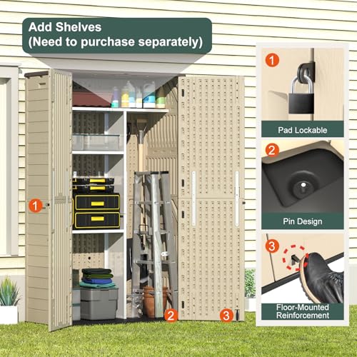 60 Cu.Ft Vertical Outdoor Storage Shed, All-Weather Resin Storage Cabinet Waterproof with Lockable Floor, Tall Backyard Shed for Patio Furniture, Garage, Garden, Pool Accessories, Porch (Khaki)