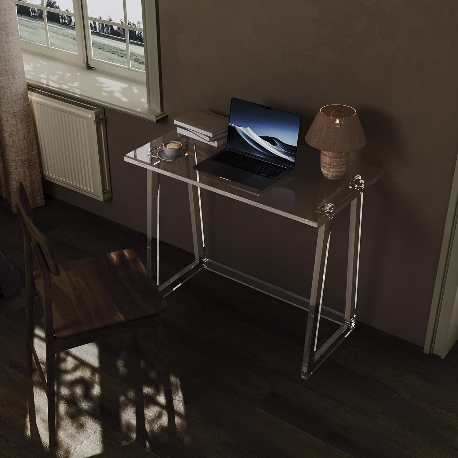 HMYHUM Acrylic Desk, 35.4 Inch, Clear Small Computer Desk with Trapezoid-shaped Legs for Home Office, Study, Writing, Vanity, Modern, Easy Assembly, 19.7" W x 29.5" H