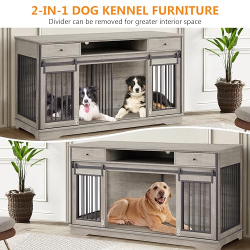 86 Inch Double Dog Crate Furniture with Divider, 4 Combination Forms Large Dog Kennel Furniture for 2 Dogs, Rustic Brown Corner Dog Kennel for Small Medium Large Dogs